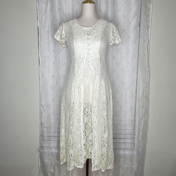 Sarah Richards Cream Sheer Lace Sheath Maxi Dress Size 3 / 4 Romantic Timeless - Picture 1 of 8